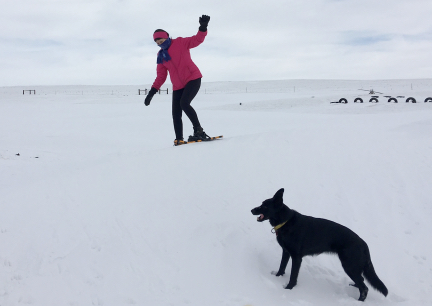 Marna Snowshoeing Drift, Texas Tea in front 2016-12-27